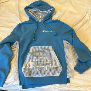 Unique Baby blue Champion Hoodie with White Jersey detailing